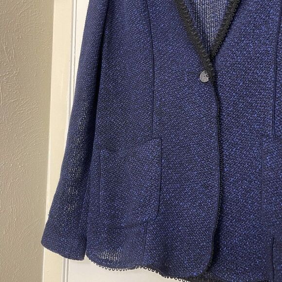 ELIE TAHARI blue knit crochet cardigan blazer sweater size US 8 - Picture 2 of 6